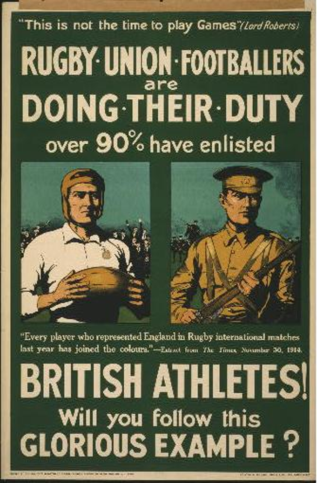 Ein Vintage-Plakat mit zwei Rugby-Union-Fussballern, auf dem ihre Einberufung in den Dienst angekündigt wird, was darauf hinweist, dass über 90% der britischen Athleten eingezogen sind.