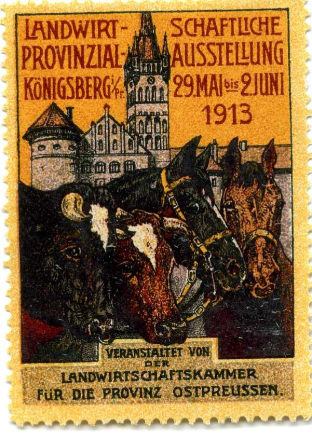 Deutscher Briefmarke aus dem Jahr 1913 mit drei Kühen und einem Schloss, mit der Aufschrift "Landwirtschaftskammer."