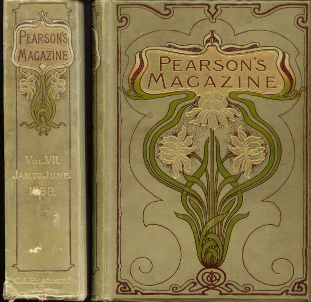 Zwei Bücher mit der Aufschrift 'Pearson's Magazine, Vol. VII, January to June, 1899' vor dunklem Hintergrund.
