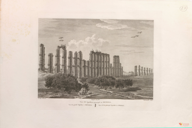 Ein altes Buch mit einer Zeichnung der Ruinen des Tempels von Olympian Zeus, umgeben von B├Ąumen und Menschen, mit einem bew├Âlktem Himmel und fliegenden V├Âgeln und Text unten.