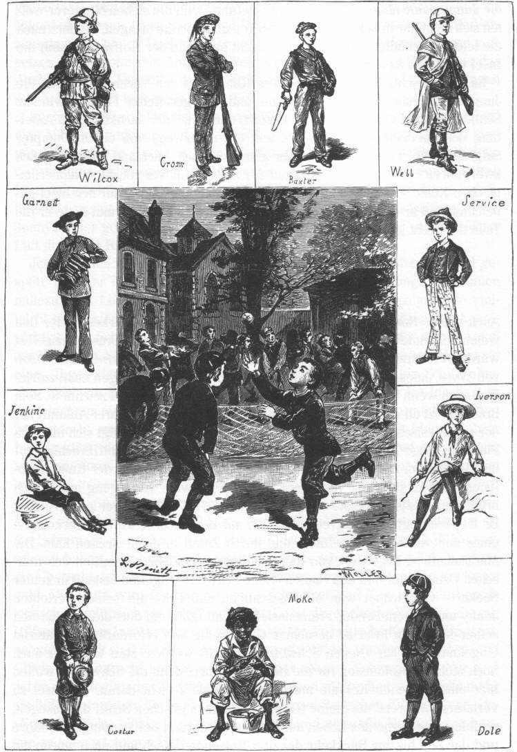 Schwarze und weiße Zeichnung von Kindern, die Baseball spielen, mit einem Gebäude und Bäumen im Hintergrund, unten mit "Die Geschichte des Baseball" beschriftet.
