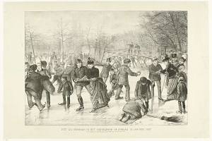 Gruppe von Menschen, die auf einem zugefrorenen Teich in Vondel Park, Amsterdam, Schlittschuh laufen, mit Bäumen und einer Brücke im Hintergrund, datiert auf den 10. Januar 1887.