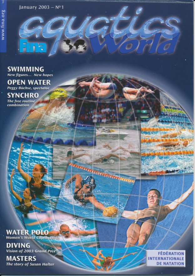 Titelbild der Januarausgabe 2003 des Aquatics FINA World Magazins, das synchronisierte Schwimmer in Bewegung unter einem hellblauen Himmel zeigt.