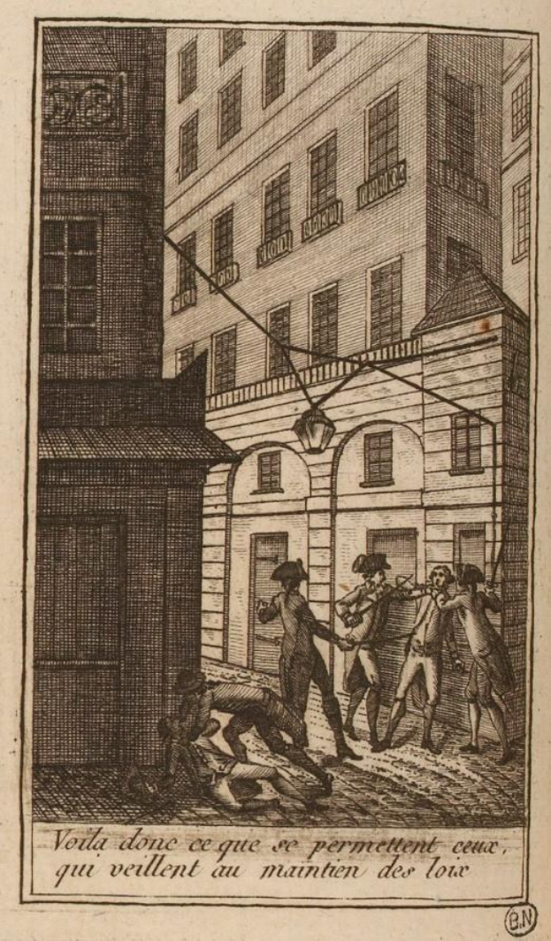 Eine Zeichnung einer Gruppe von Menschen, die vor einem mehrfenstrigen Gebäude in einer Stadtumgebung kämpfen.