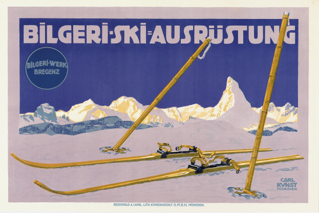 Ein Plakat, das eine Skigebiet in den Schweizer Alpen bewirbt, zeigt ein Paar Skier im Vordergrund und schneebedeckte Berge im Hintergrund, mit Texten, die Informationen über das Skigebiet bereitstellen.