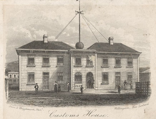 Schwarzes historisches Zeichnung eines Zollhauses in Wellington, Neuseeland, mit ein paar Menschen, einem Zaun auf der rechten Seite und Wolken am Himmel, einschließlich Text unten.