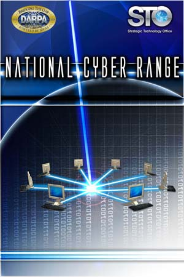 Ein Plakat mit 'Nationaler Cyber-Range' in fetter weißer Schrift auf einem blauen Hintergrund, das eine Weltkugel mit mehreren angeschlossenen Computern zeigt.