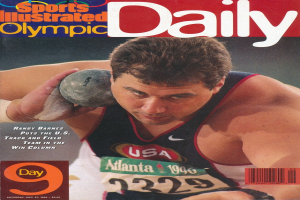 Ein Mann in einem Trainingsanzug wirft einen Speer auf dem Cover eines Sports Illustrated Magazins, mit entschlossener Miene und einem Barcode unten.