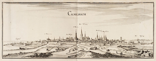 Ein altes Buch mit einer detaillierten Zeichnung der Stadt Camerich, Deutschland, mit Gebäuden, Bäumen und Text.