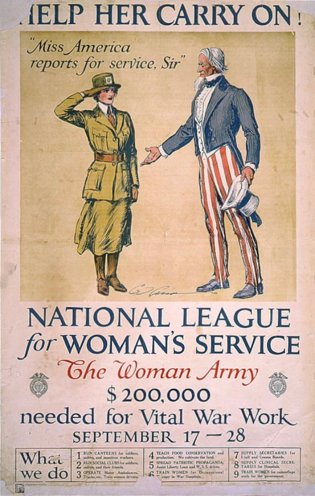Ein Plakat für die Nationalen Liga für Frauen-Dienstleistungen, das zwei nebeneinanderstehende Personen zeigt, mit Text, der Informationen über die Organisation und ihre Mission enthält.