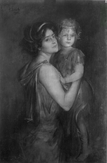 Schwarzes und weißes Porträt einer Frau, die ein Kind hält, mit dem Text "Mutter und Kind" unten.