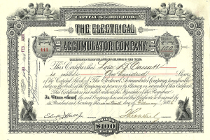 Ein Aktienzertifikat einer elektrischen Akkumulatorenfirma mit detaillierten Designs, das den Text "The Electrical Accumulator Company" und verschiedene Zahlen enthält.