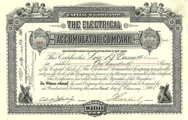 Ein Aktienzertifikat einer elektrischen Akkumulatorenfirma mit detaillierten Designs, das den Text "The Electrical Accumulator Company" und verschiedene Zahlen enthält.