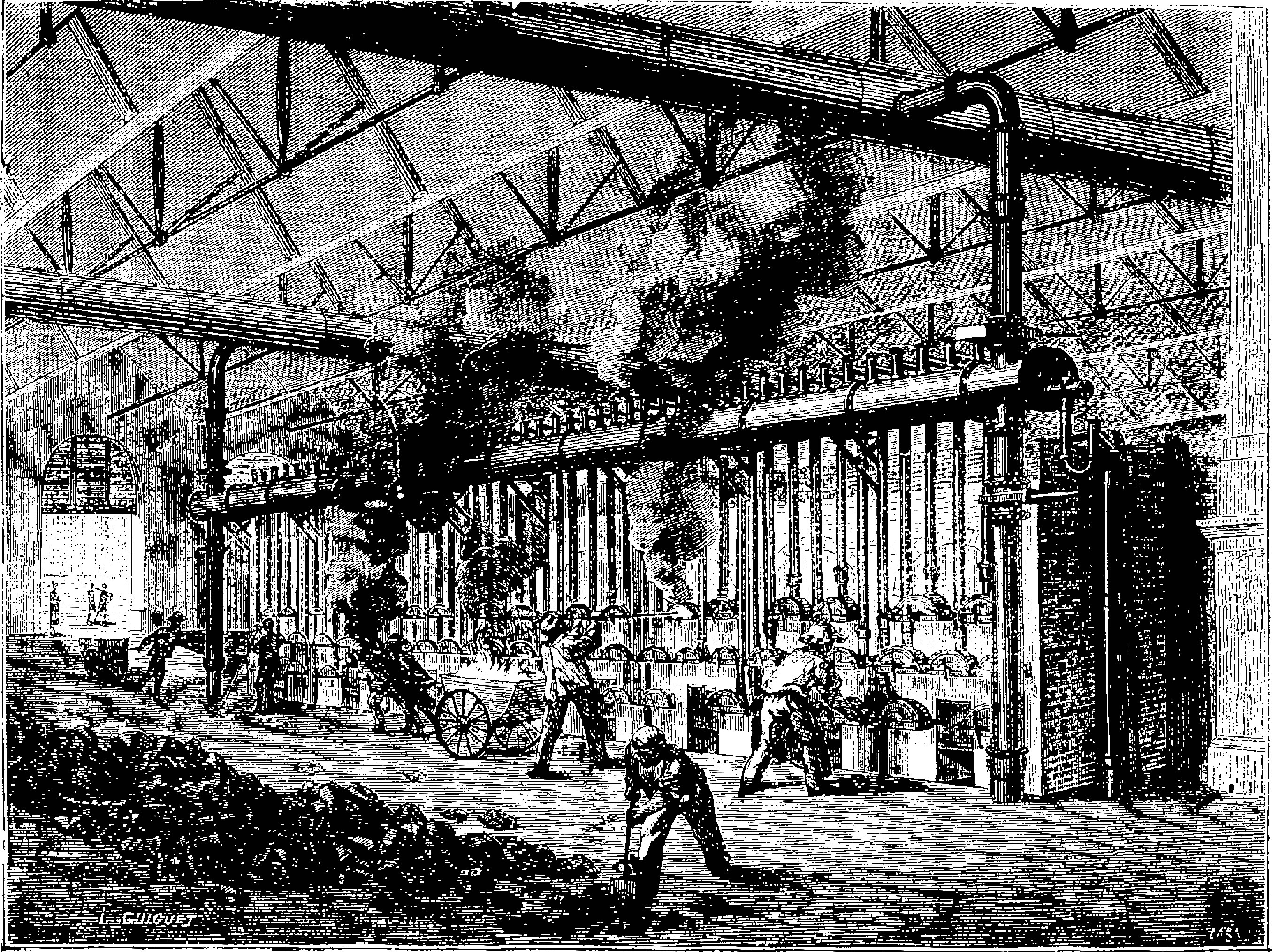 Schwarz-weiß-Zeichnung einer belebten Stahlfabrik aus den 1910er Jahren mit Arbeitern, Pfählen und Maschinen.