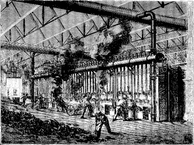Schwarz-weiß-Zeichnung einer belebten Stahlfabrik aus den 1910er Jahren mit Arbeitern, Pfählen und Maschinen.