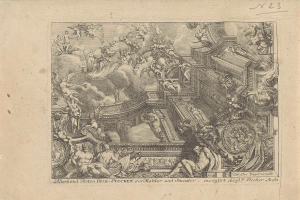 Eine Zeichnung auf Papier, die einen Raum mit einer Decke zeigt, die mit Skulpturen und Text verziert ist.