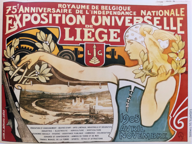 Ein Plakat zum 75. Jubiläum der Nationalen Ausstellung in Liège, das eine Frau mit einem Blumenstrauß zeigt und Text über das Ereignis enthält.