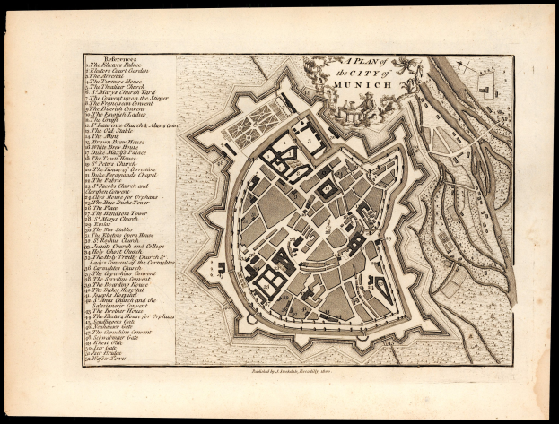 Detaillierte alte Karte von München, Deutschland, auf schwarzem Hintergrund, die Straßen, Gebäude und Sehenswürdigkeiten zeigt.