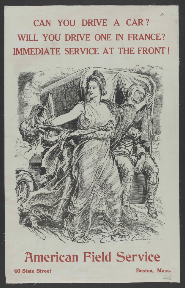 Ein Plakat mit schwarzem Hintergrund, das eine Frau und einen Mann zeigt, mit der Aufschrift "Können Sie ein Auto fahren? Werden Sie eines in Frankreich fahren? Sofortdienst am vorderen Teil"