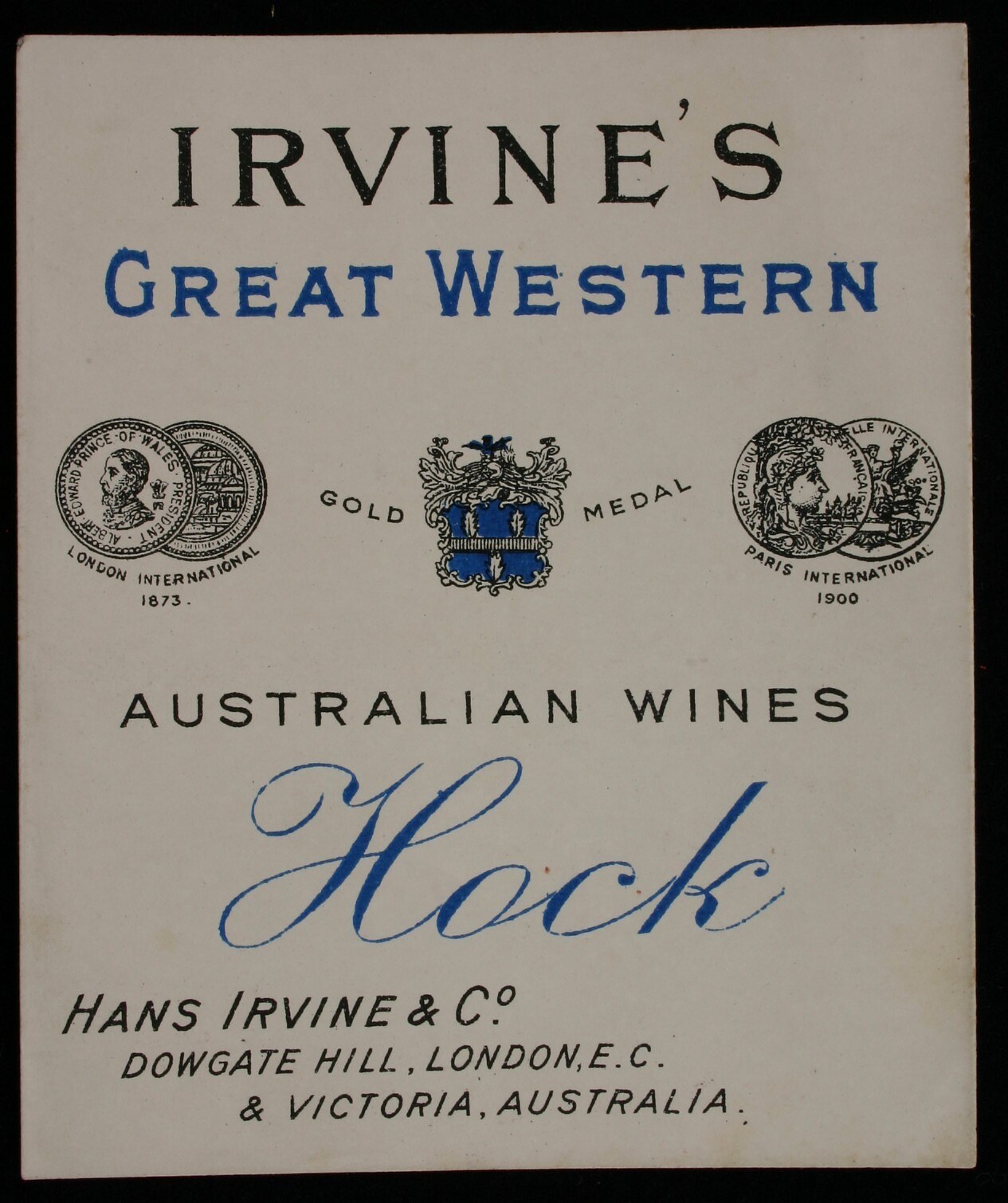 Plakat, das "Irvines Große Western Australian Wines Hock" mit Unternehmenslogos und Weintypdarstellungen bewirbt.