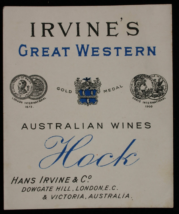 Plakat, das "Irvines Große Western Australian Wines Hock" mit Unternehmenslogos und Weintypdarstellungen bewirbt.