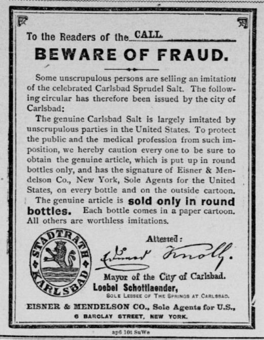 Schwarzer und weißer Poster mit Warnung vor Betrug und dem Text "Carlsbad Spruud Salt" und einem dazugehörigen Logo.