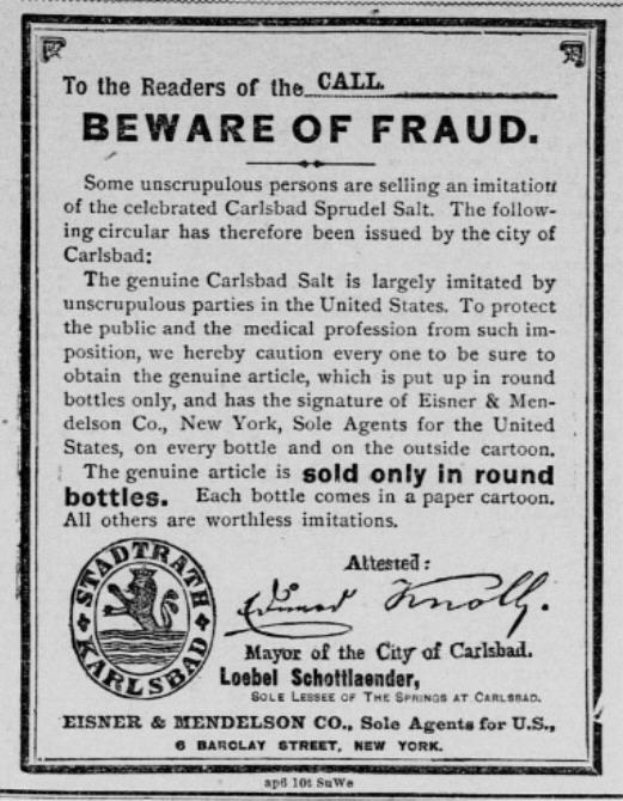 Schwarzer und weißer Poster mit Warnung vor Betrug und dem Text "Carlsbad Spruud Salt" und einem dazugehörigen Logo.