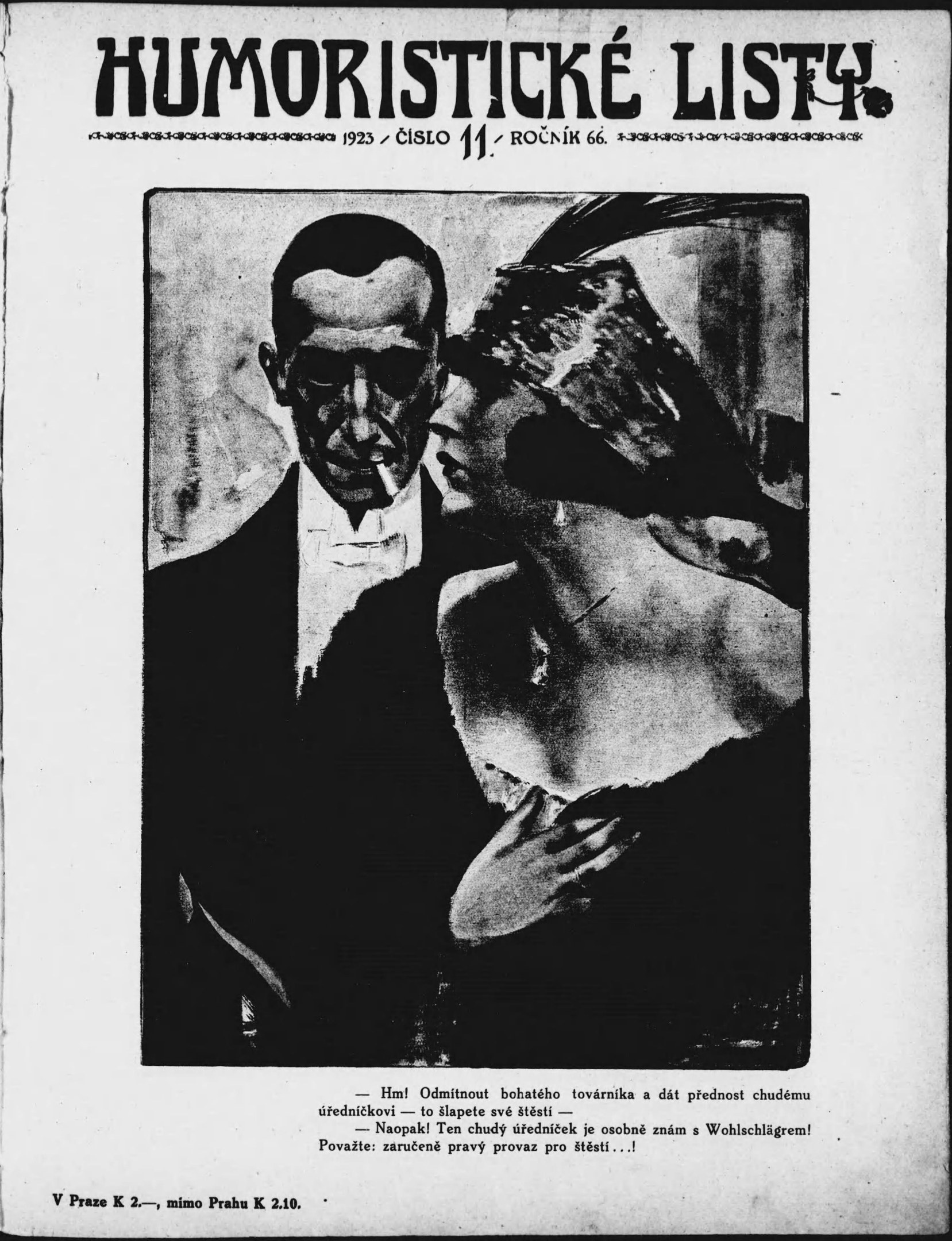 Schwarze und weiße Zeitschriftentitel 'Humoristische Liste' mit einem Mann im Anzug mit ernster Miene und einer Frau, die schmunzelnd wegsieht.