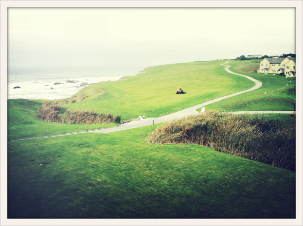 Eine Landschaftenaufnahme mit Unkraut und Feldern im Vordergrund, einem Traktor und einem Weg in der Mitte, Häusern und Bäumen oben rechts, Wasser oben links und einem bewölkten Himmel.