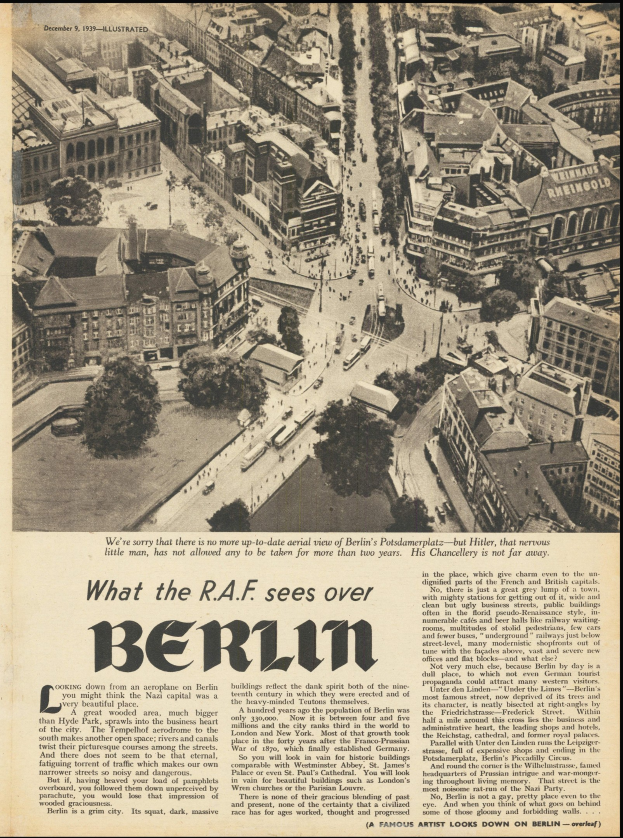 Alte Zeitung mit Schwarz-Weiß-Foto eines Stadtpanoramas mit Gebäuden, Bäumen und Fahrzeugen, begleitet von Text.