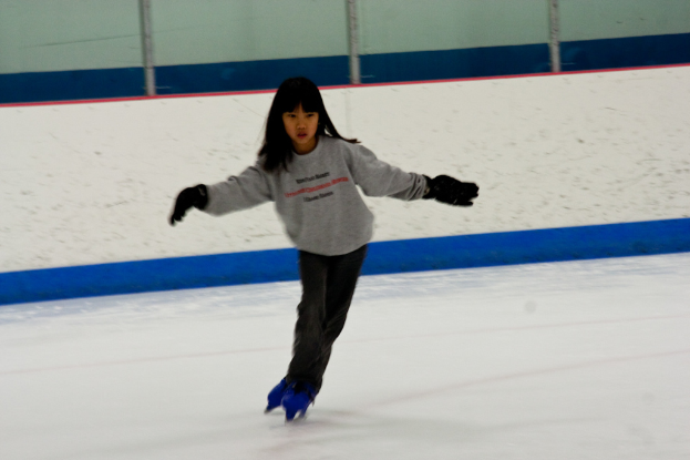 Eine Person in Kleidung fährt auf dem Eis mit Polen an der Spitze des Bildes