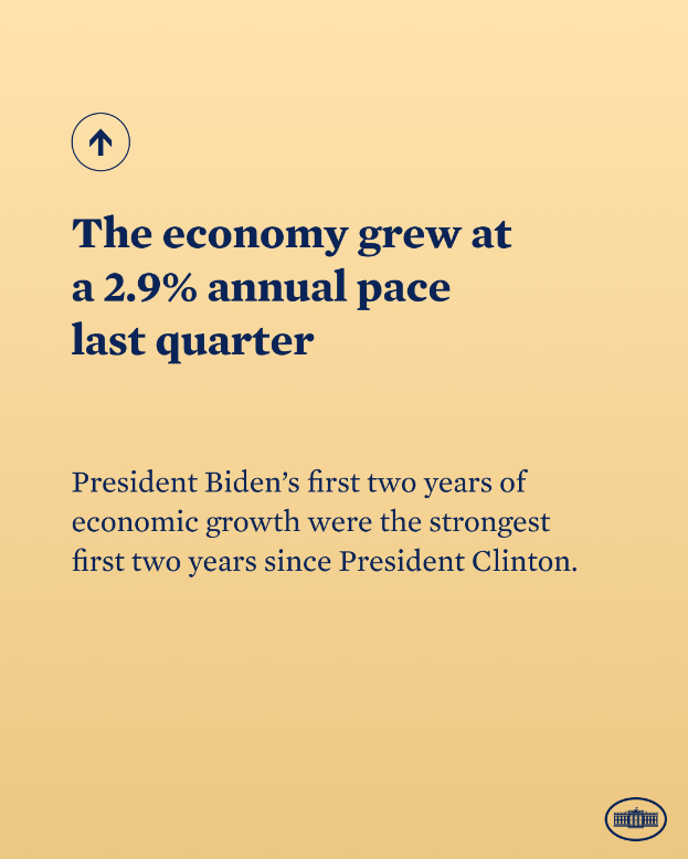 Ein Plakat mit fetter schwarzer Schrift auf einem weißen Hintergrund, umrahmt von einem schmalen schwarzen Rand, auf dem steht: "Die Wirtschaft wuchs im letzten Quartal mit einem jährlichen Tempo von 2,9 Prozent."