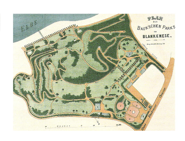 Ein detaillierter alter Plan eines Parks in Blankenese, Deutschland, der den Parkaufbau mit Textanmerkungen zeigt.