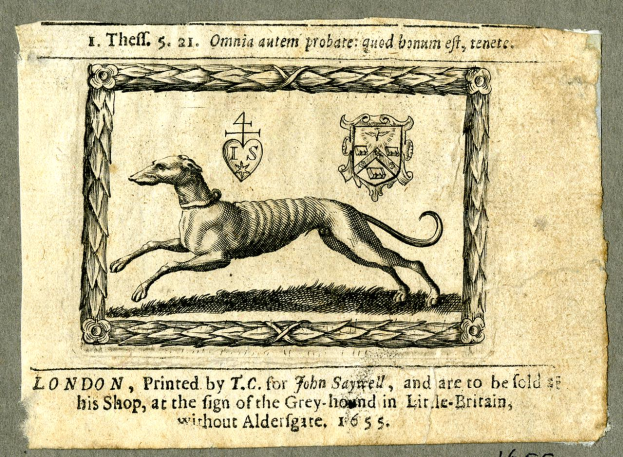 Ein altes Buch mit einer Zeichnung eines Windhunds in Laufposition, Kopf hoch erhoben und Ohren gespitzt, mit dekorativer Schrift auf dem Cover.