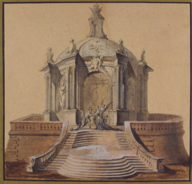 Zeichnung eines klassizistischen Brunnens mit einer Statue darauf, umgeben von Stufen und Skulpturen.