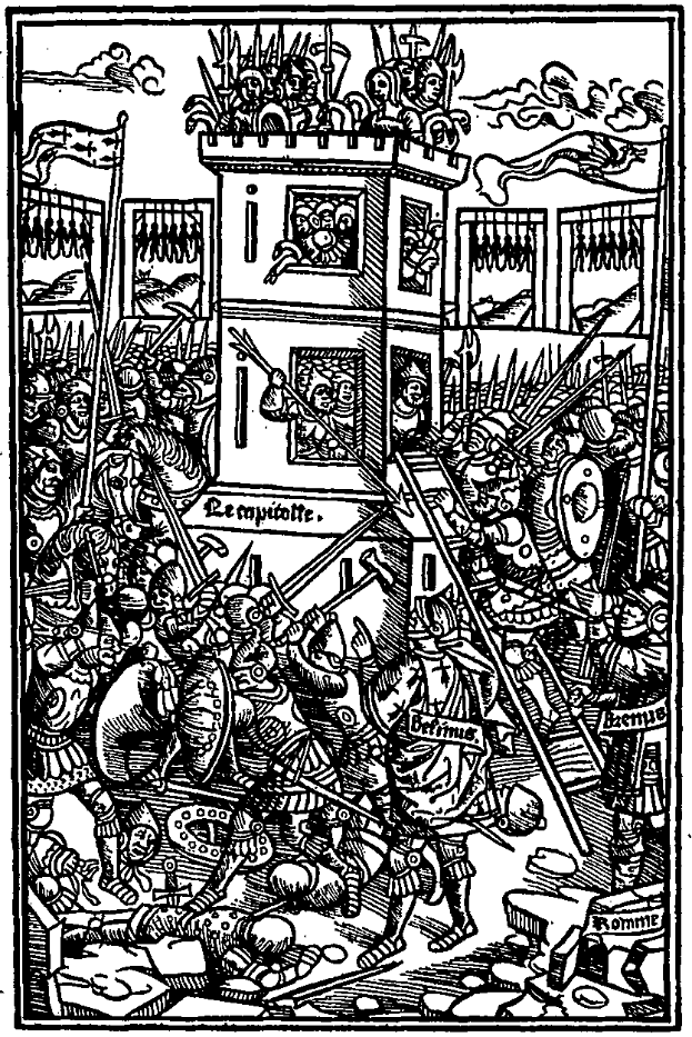 A black and white drawing of a group of people in front of a building, some holding weapons, with the text "The Battle of Leipzig" at the bottom.