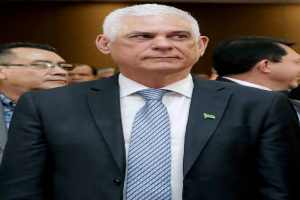 Ein Mann in einem marineblauen Anzug, weißem Hemd und gemustertem Schlips steht vor einer Gruppe von Menschen und sieht ernst aus.