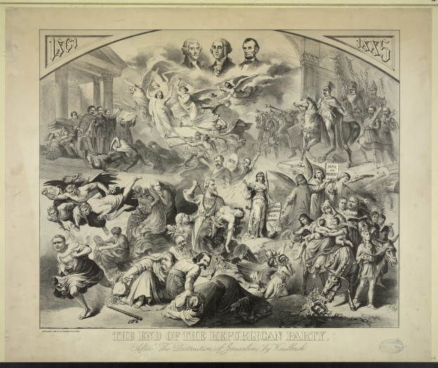 Ein Plakat zeigt eine Gruppe von Menschen vor einem Gebäude, mit fetter schwarzer Schrift am unteren Rand, die das Ende der Republikanischen Partei ankündigt.