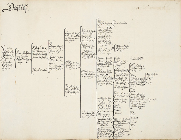 Offenes Buch mit handgeschriebenem genealogischem Stammbaum, der die Familiengeschichte einer deutschen Familie detailliert.