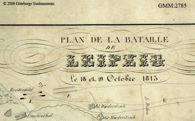 Ein detailliertes altes Kartenmaterial der Schlacht von Leipzig, das verschiedene Kämpfe zeigt und mit Texten über das Datum, die Uhrzeit und den Ort versehen ist.