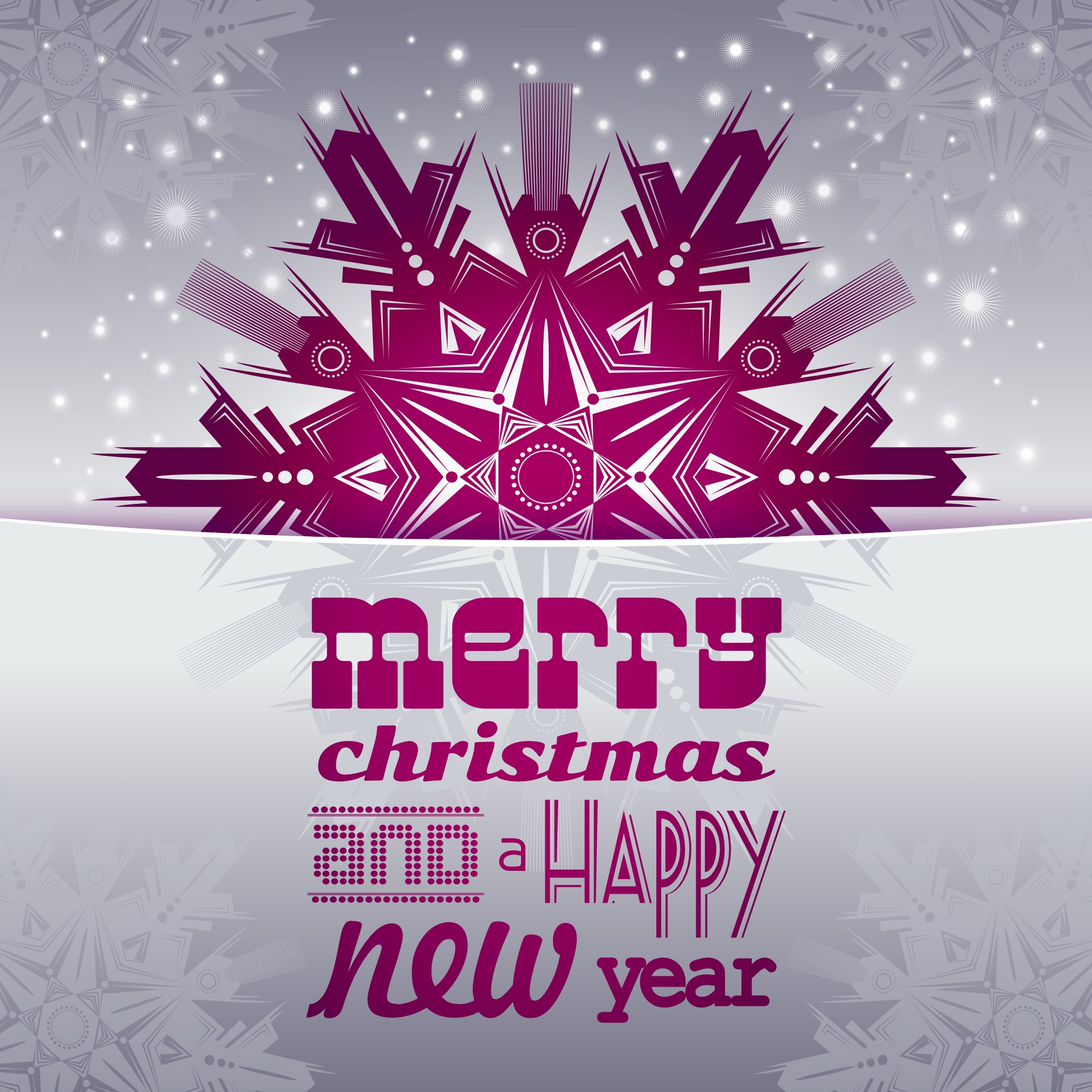 Eine festliche Grußkarte mit der Aufschrift "Frohe Weihnachten und ein gutes neues Jahr" in fetter Schrift, umgeben von bunten Schneeflocken auf einem gemusterten Hintergrund.