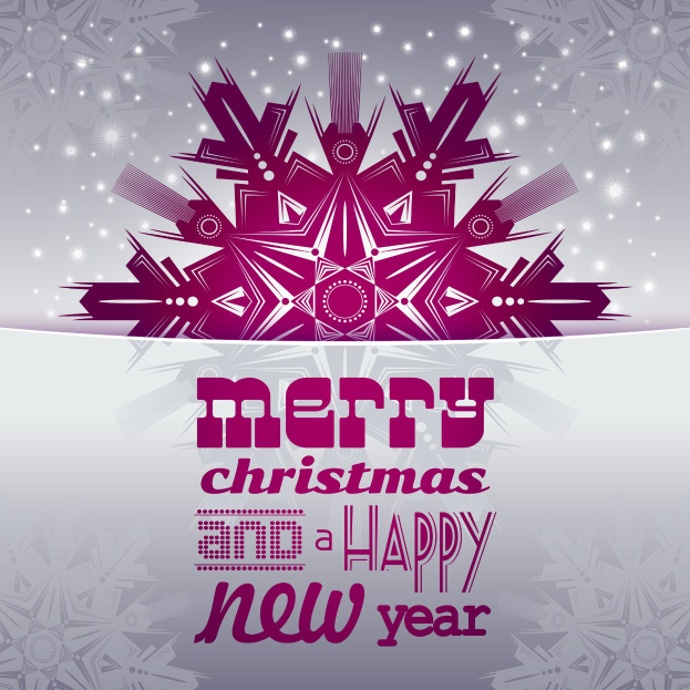 Eine festliche Grußkarte mit der Aufschrift "Frohe Weihnachten und ein gutes neues Jahr" in fetter Schrift, umgeben von bunten Schneeflocken auf einem gemusterten Hintergrund.