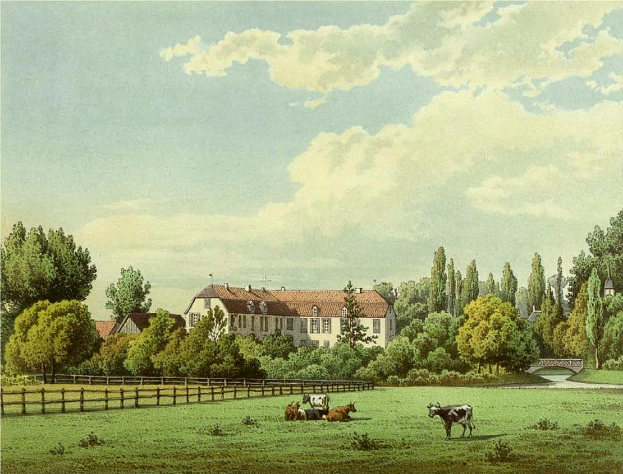 Ein Gemälde, das Kühe auf einer Wiese mit einem Holzzaun, Bäumen, Gebäuden, einer Brücke und einem bewölkten Himmel zeigt, betitelt mit 'Kühe auf der Weide in Wiesbaden, Deutschland'.