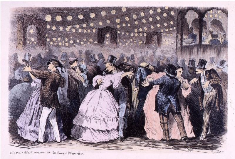 Eine Gruppe von Menschen, die in einem Ballsaal tanzen, beleuchtet von Lichtern und umgeben von Wänden, mit Text am unteren Rand, der 'Madame Baille Nacional en la Campagne Bleuet, 1860' lautet.