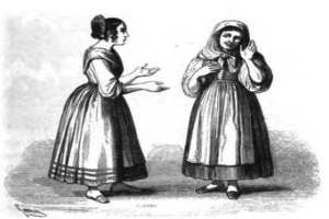 Schwarzes und wei├čes Foto von zwei Frauen in 19. Jahrhundert-Kleidern, die zusammenstehen und sich unterhalten, mit Text unten, der "Frauen des 19. Jahrhunderts" lautet.