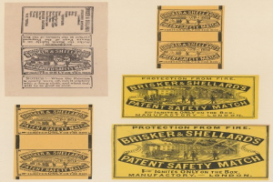 Papier mit mehreren angehefteten Zetteln, auf denen jeweils der Text "Brisker & Shellard's Patent Safety Match" steht.