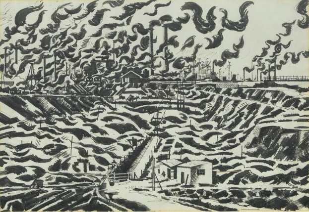 Eine Schwarz-Weiß-Zeichnung einer Fabrik mit Rauch, der aus ihren Schornsteinen aufsteigt, umgeben von Häusern, Pfählen und anderen Gegenständen, mit dem Text "Gustav Klimt, Die Fabrik" unten.