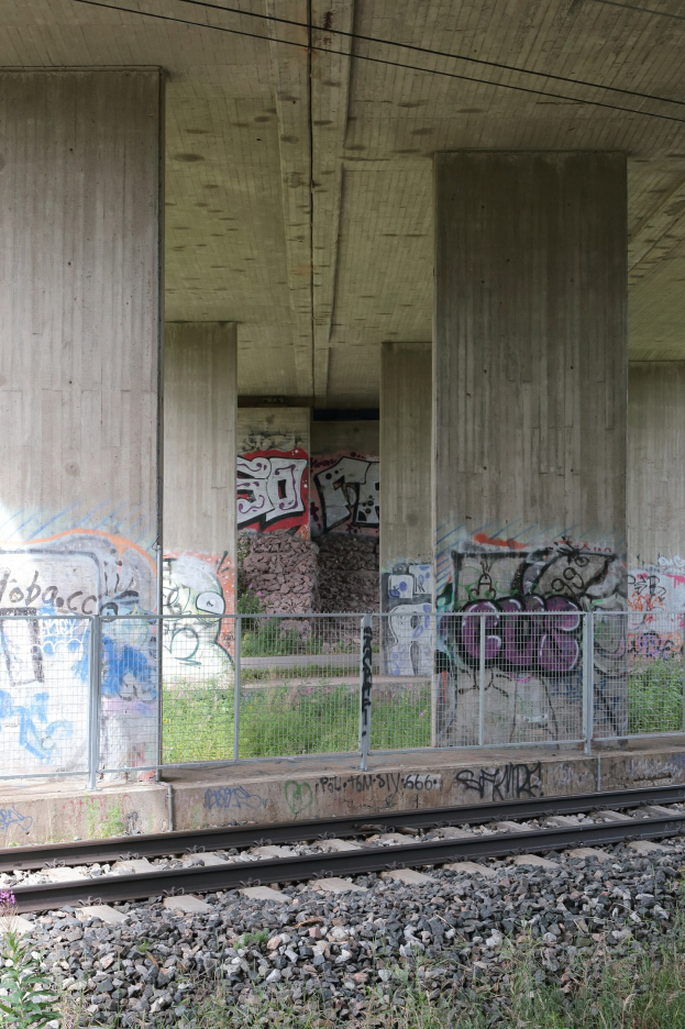 Eisenbahnschiene mit Graffiti an der Seite, von Steinen, Gras, einem Zaun, Pfeilern, Drähten und einem Dach umgeben