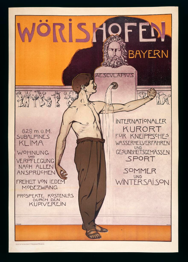 Ein Vintage-Plakat mit einem hellgelben Hintergrund, das das Wörishofener Fest in München, Deutschland, bewirbt, zeigt eine Person in einem weißen Hemd und einer blauen Mütze, die einen Stab und ein Buch hält, mit der Aufschrift "Wörishofer Bayerisches Fest" in fetter schwarzer Schrift.