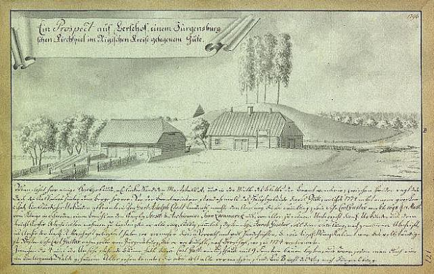 Ein vergilbtes Dokument mit der Überschrift "Surgensburg, Deutschland - Landschaft eines Hofes" zeigt eine ländliche Szene mit einem Bauernhof in einem Feld, umgeben von Häusern, Bäumen und einem Himmel.